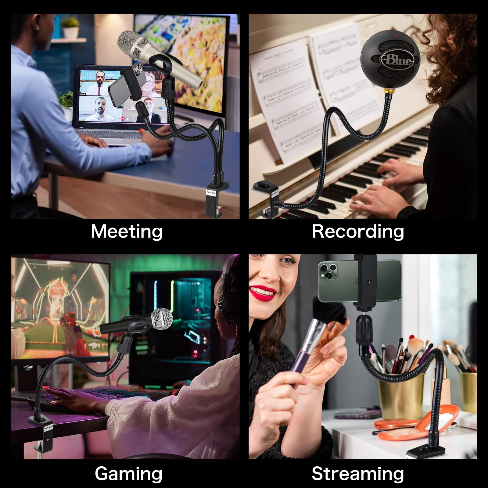 Desktop Mic Stand 13'' Flexible Gooseneck Microphone Stand Desk Universal Microphone/Phone Stand Holder with Heavy Duty Desk Cla